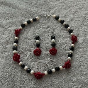 Elegant Red Rose Pearl Jewelry Set